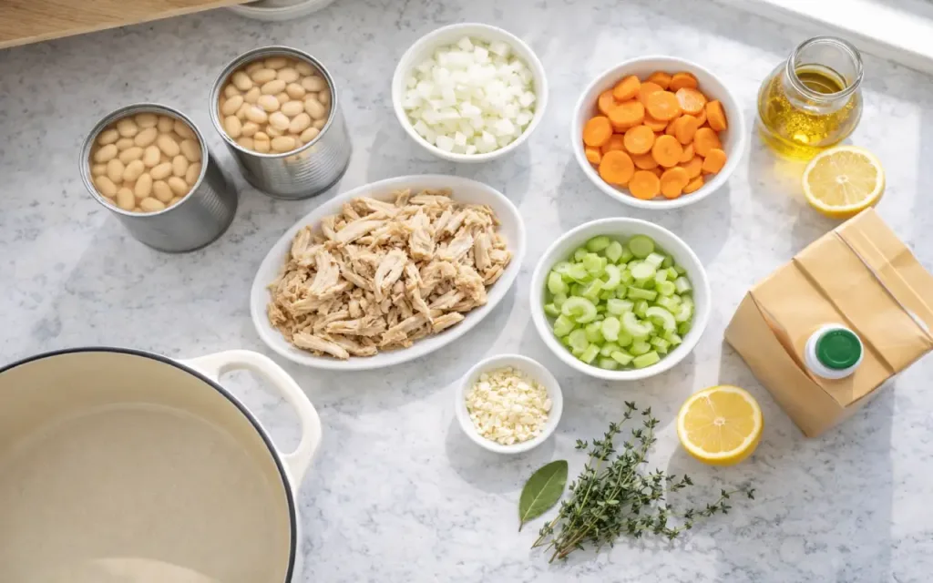 Creamy White Bean Chicken Soup (Budget-Friendly, 30 Minutes) White Bean Chicken Soup white beans, chicken, carrots, celery, onion, broth, and herbs on counter