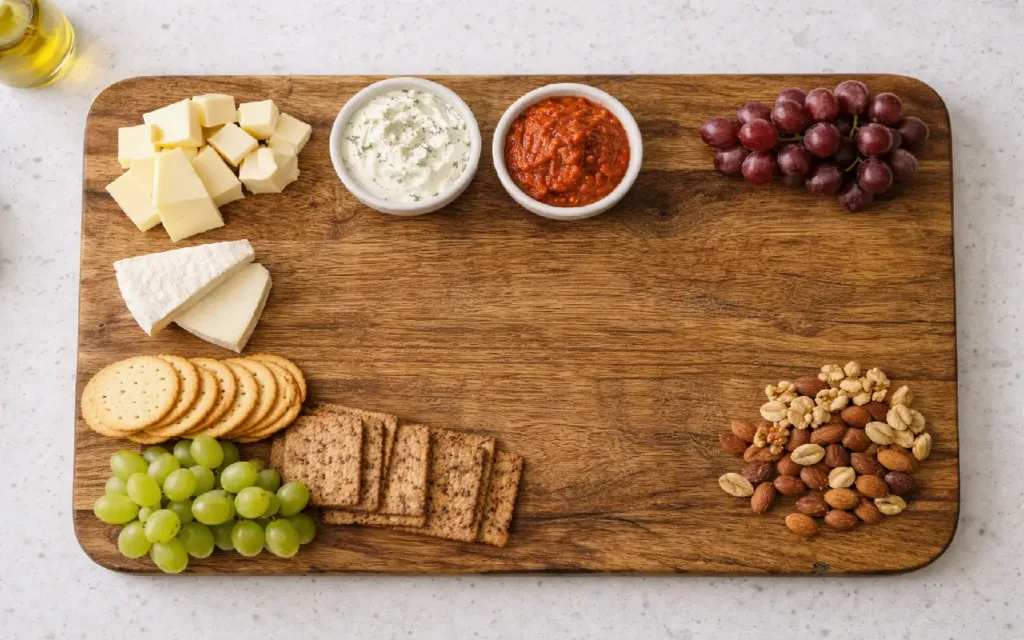 charcuterie board anchors: dip bowls, cheese wedges, and cracker stacks placed first